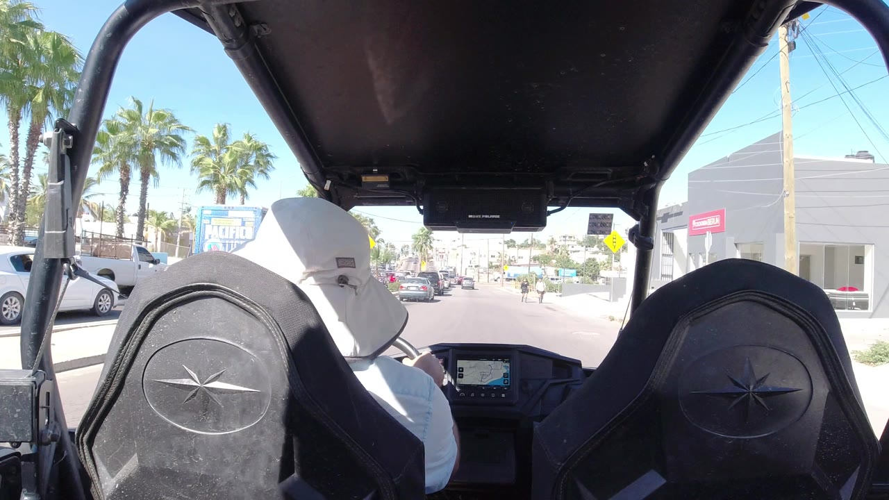 Open vehicle drives past palm trees and roadside buildings.
