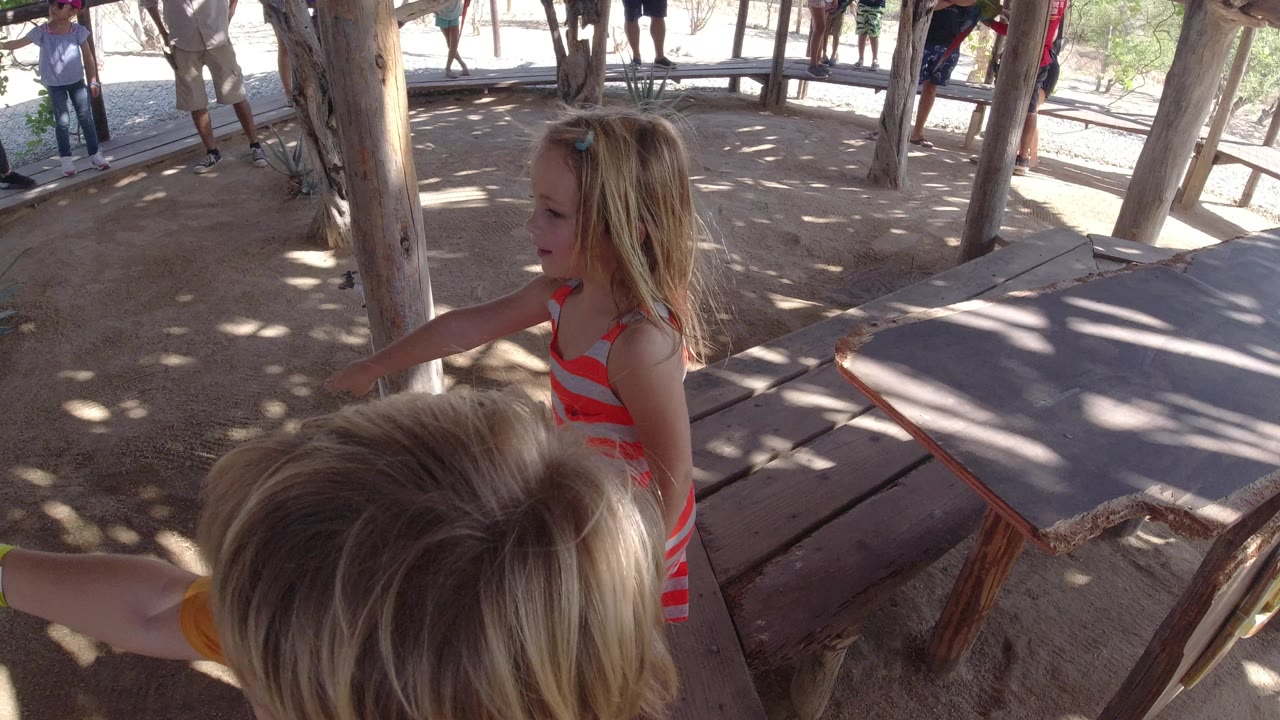 Girl in a striped dress points under a shaded wooden roof.