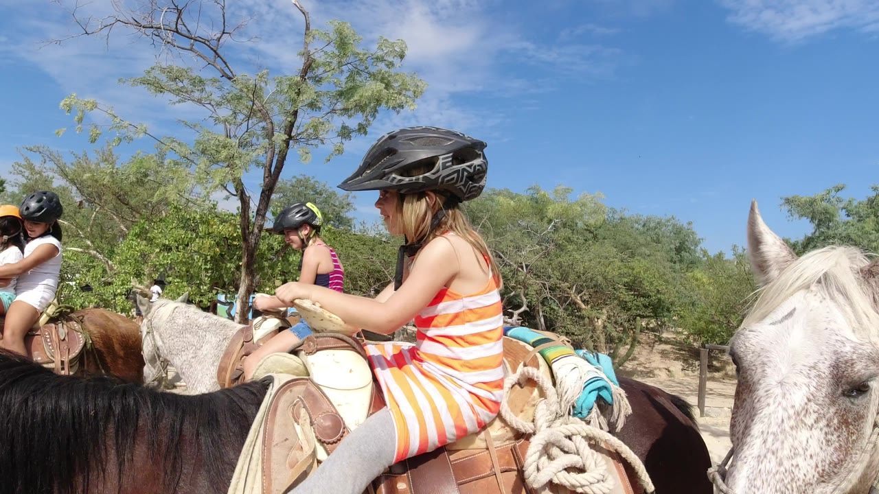 Two children sit on horses in Los Cabos, Mexico, while a white horse's head and saddle gear fill the right foreground and trees line the riding area.