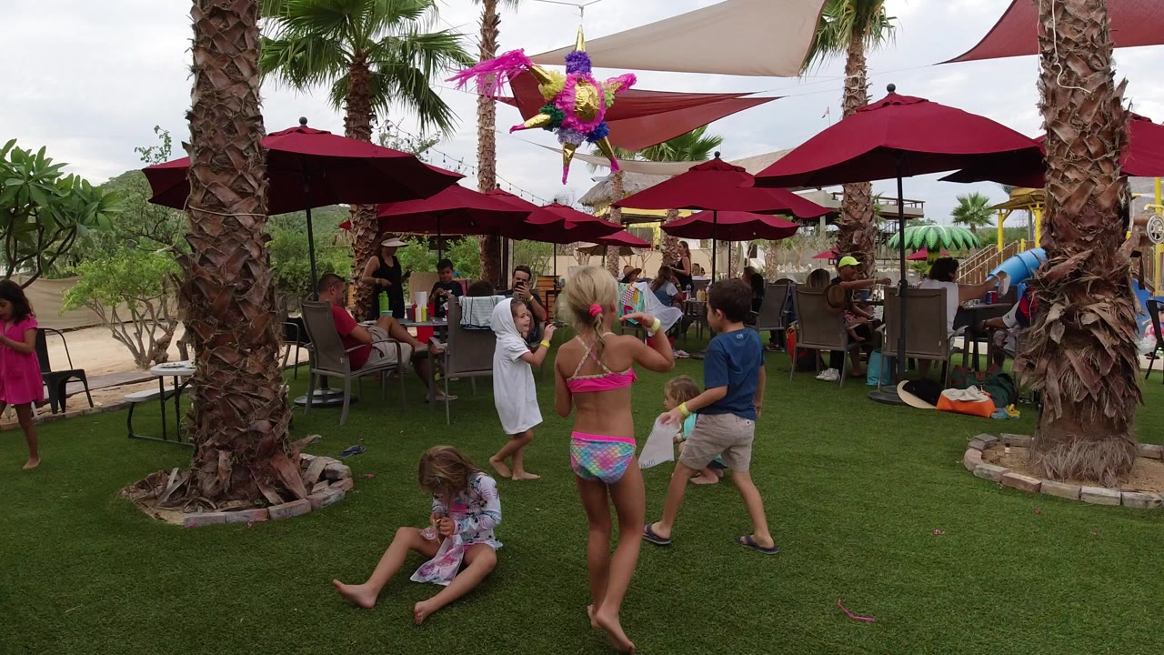 Children at a Los Cabos garden party stand and sit on a green lawn beneath palm trees and red umbrellas as a colorful pinata hangs overhead.