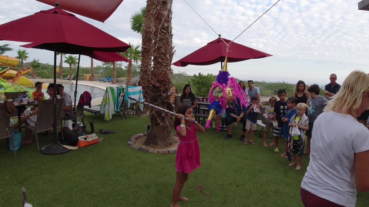 The girl in the pink dress holds the stick toward the hanging pinata, with a group of children and adults gathered across the lawn in Los Cabos.