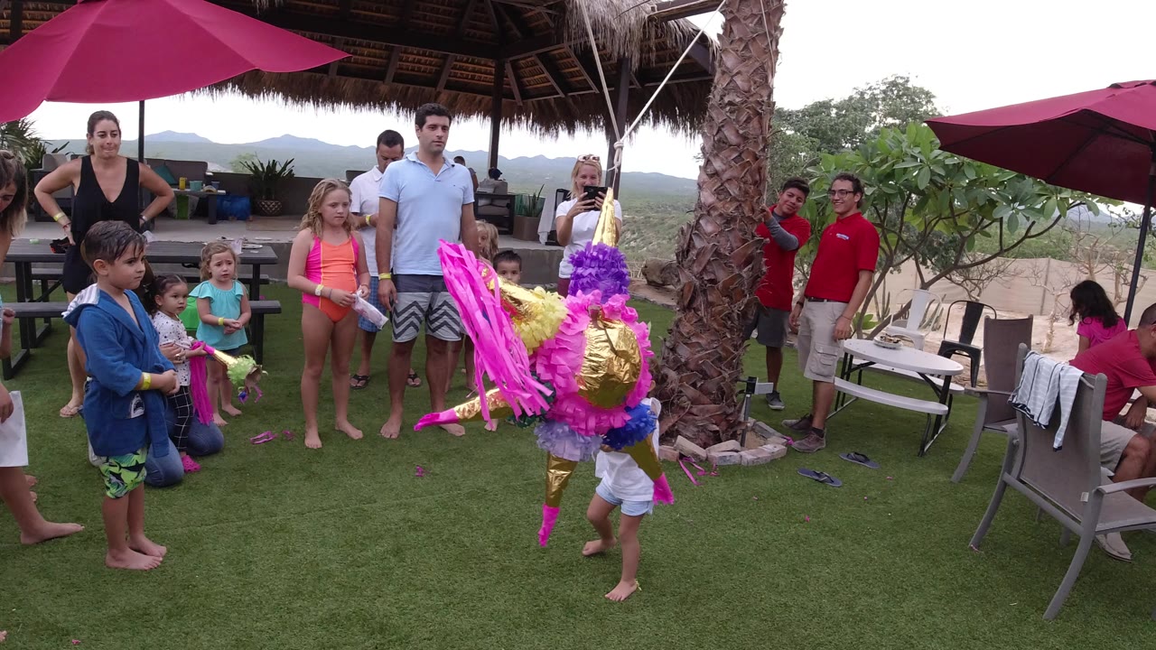 Children and adults gather around a bright pinata on a patio lawn.