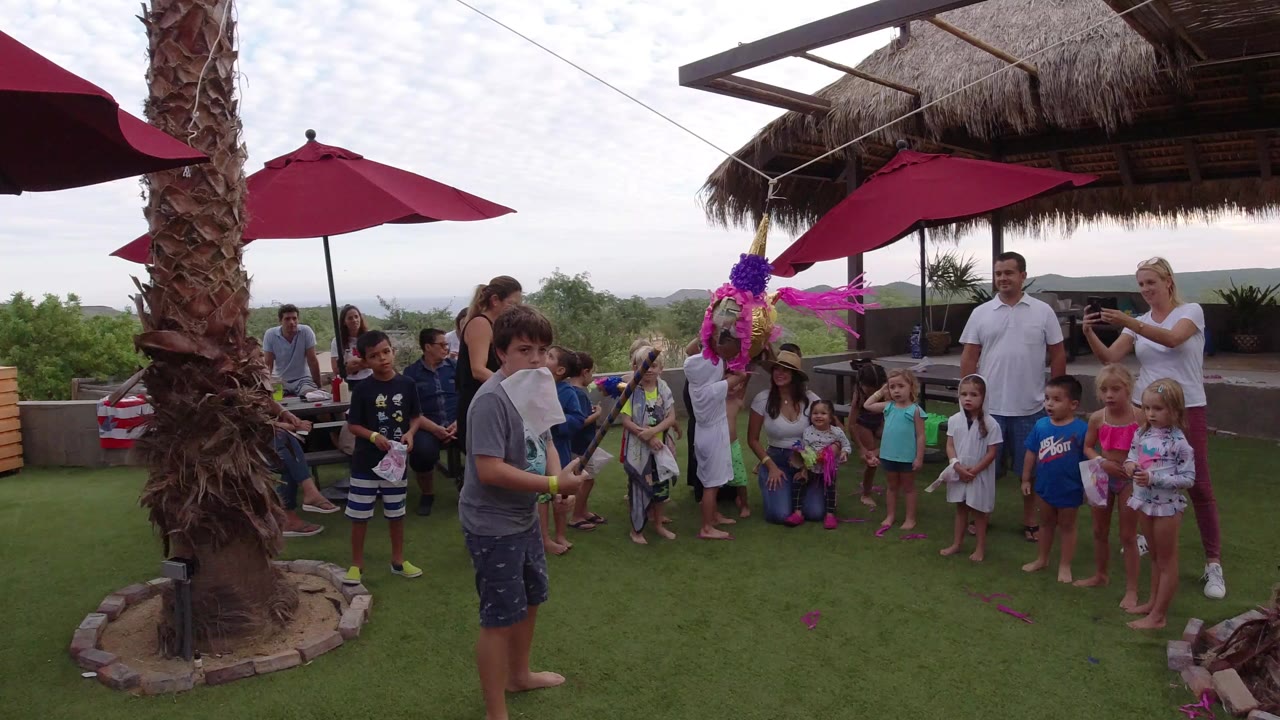 Children and adults gather around a pinata on a grassy patio.