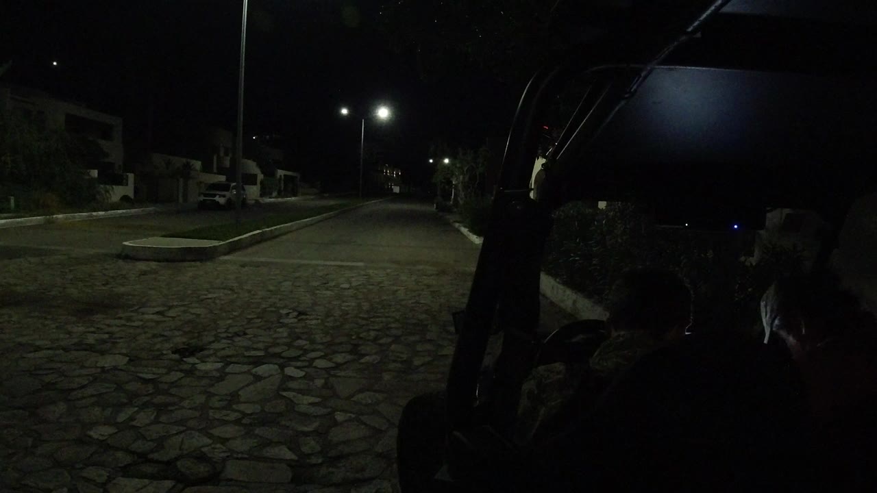 Dark cobblestone street under streetlights at night.