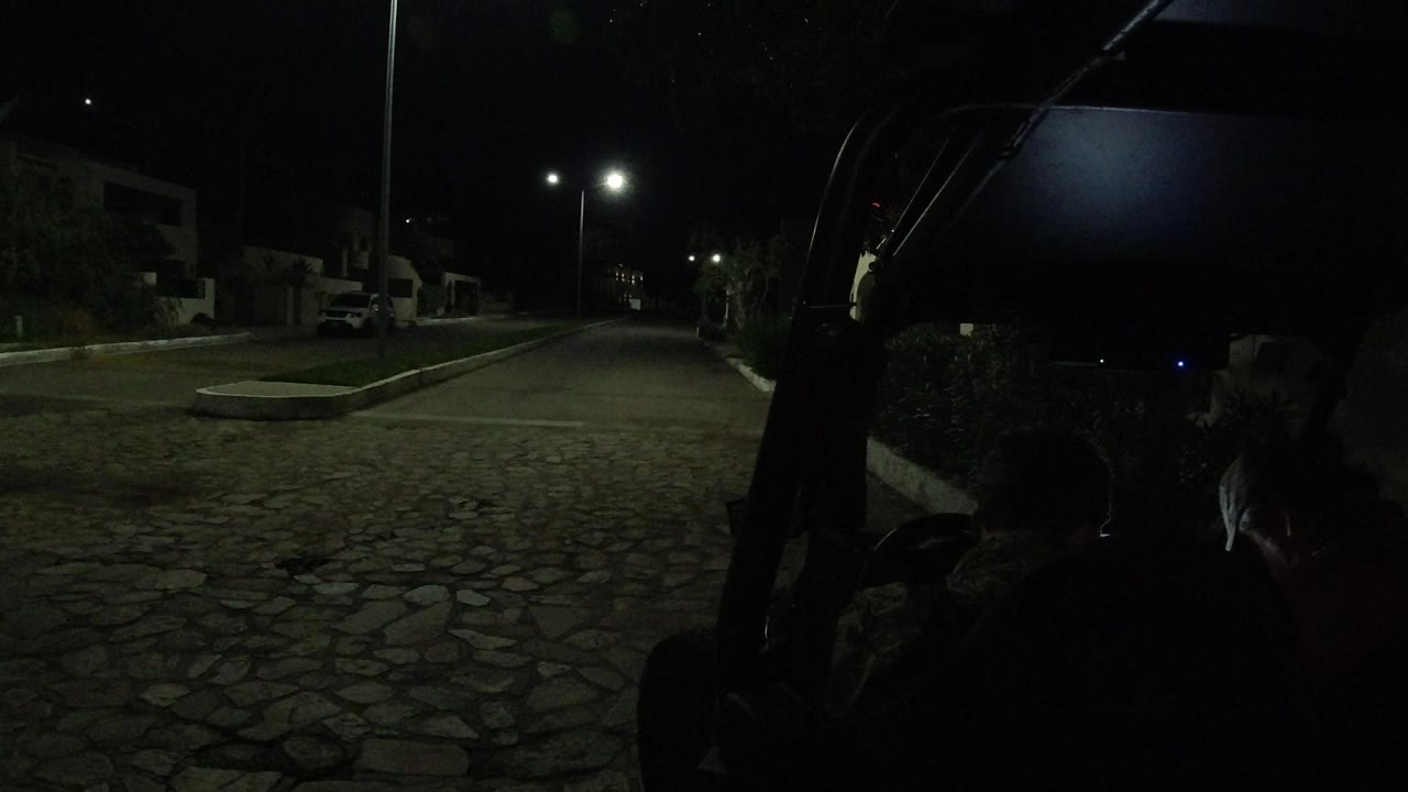 Los Cabos, Mexico night street view with the cobblestone road centered, streetlights glowing ahead, parked vehicles along the side, and no clearly visible people.