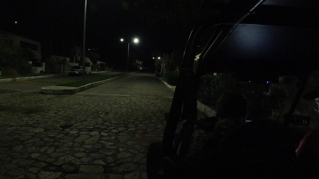 Los Cabos night view from a dark vehicle interior, with cobblestone roadway, streetlights, low buildings, parked cars, and silhouetted people at the right edge.