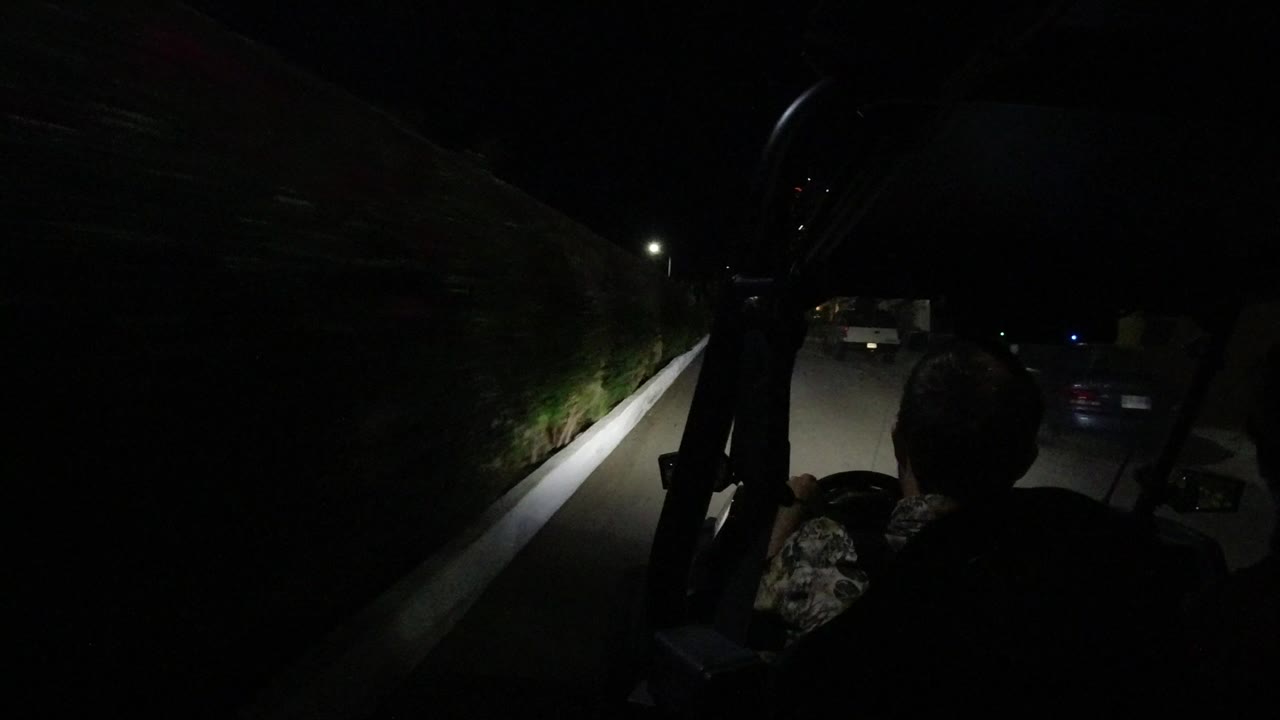 Rear view of a driver silhouetted inside a Polaris RZR on a dark road in Los Cabos, Mexico, with a stone wall and streetlight ahead.