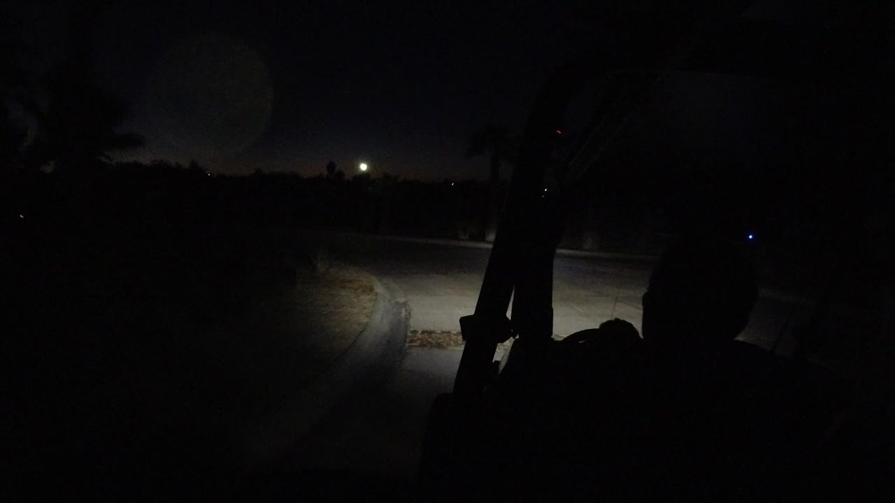 Dark buggy interior silhouette facing a headlit road at night.