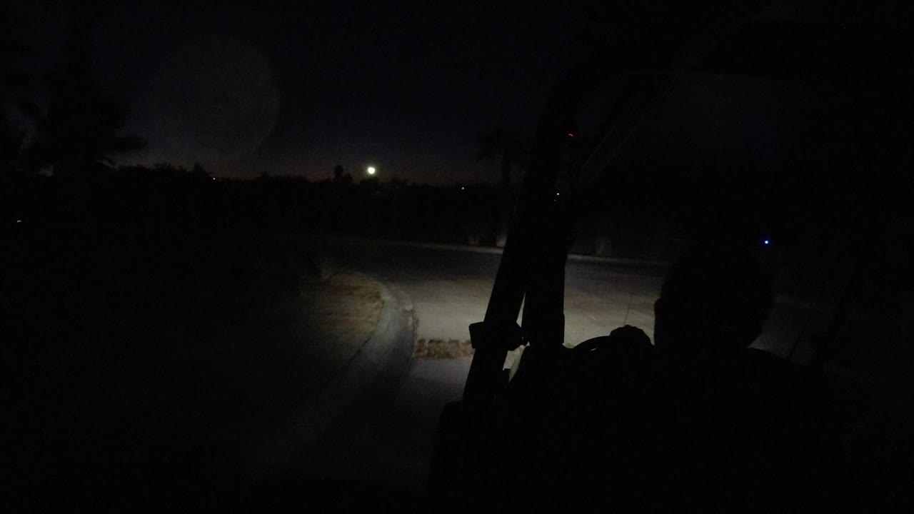 At 0:01 in Los Cabos, Mexico, the buggy interior remains mostly black while the road shoulder, trees, and a small bright light appear beyond the windshield.