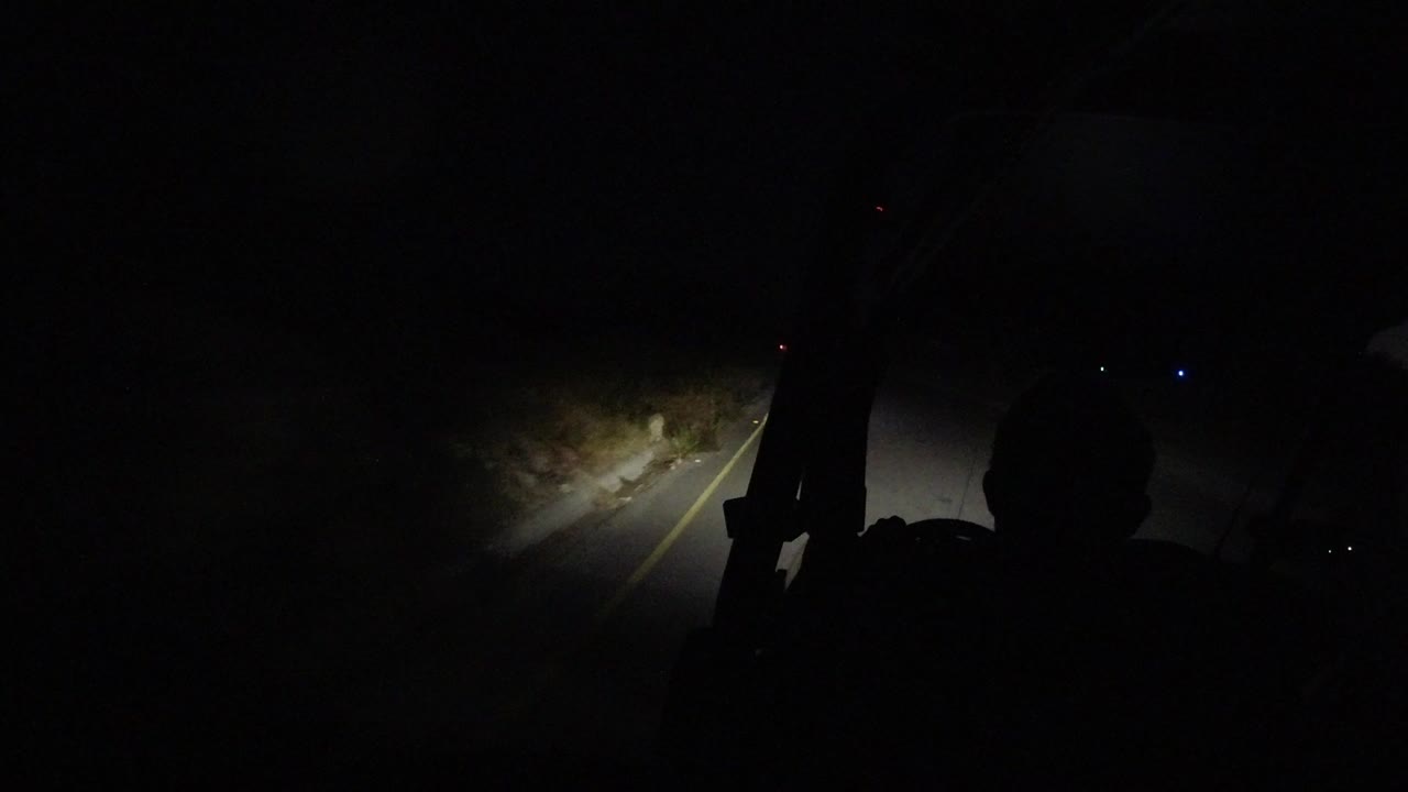 Start of the Los Cabos night drive, with a yellow road line and roadside brush caught in the headlights and no clearly identifiable people visible.