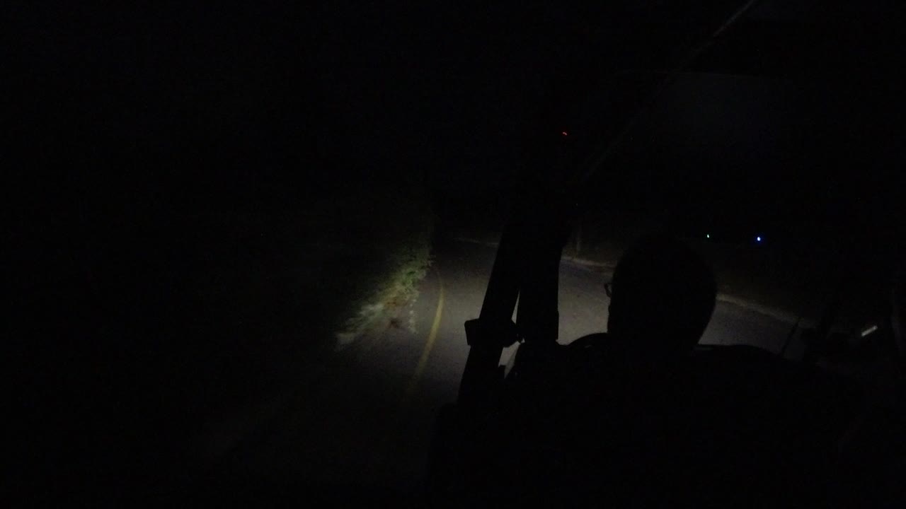 Dark car interior facing a headlit road at night.