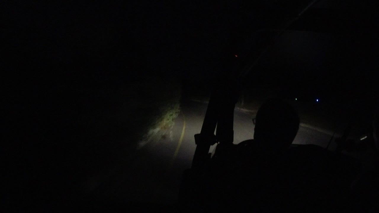 A dark foreground silhouette remains inside the vehicle as the headlights reach a curving road edge in Los Cabos, Mexico, with faint lights in the distance.