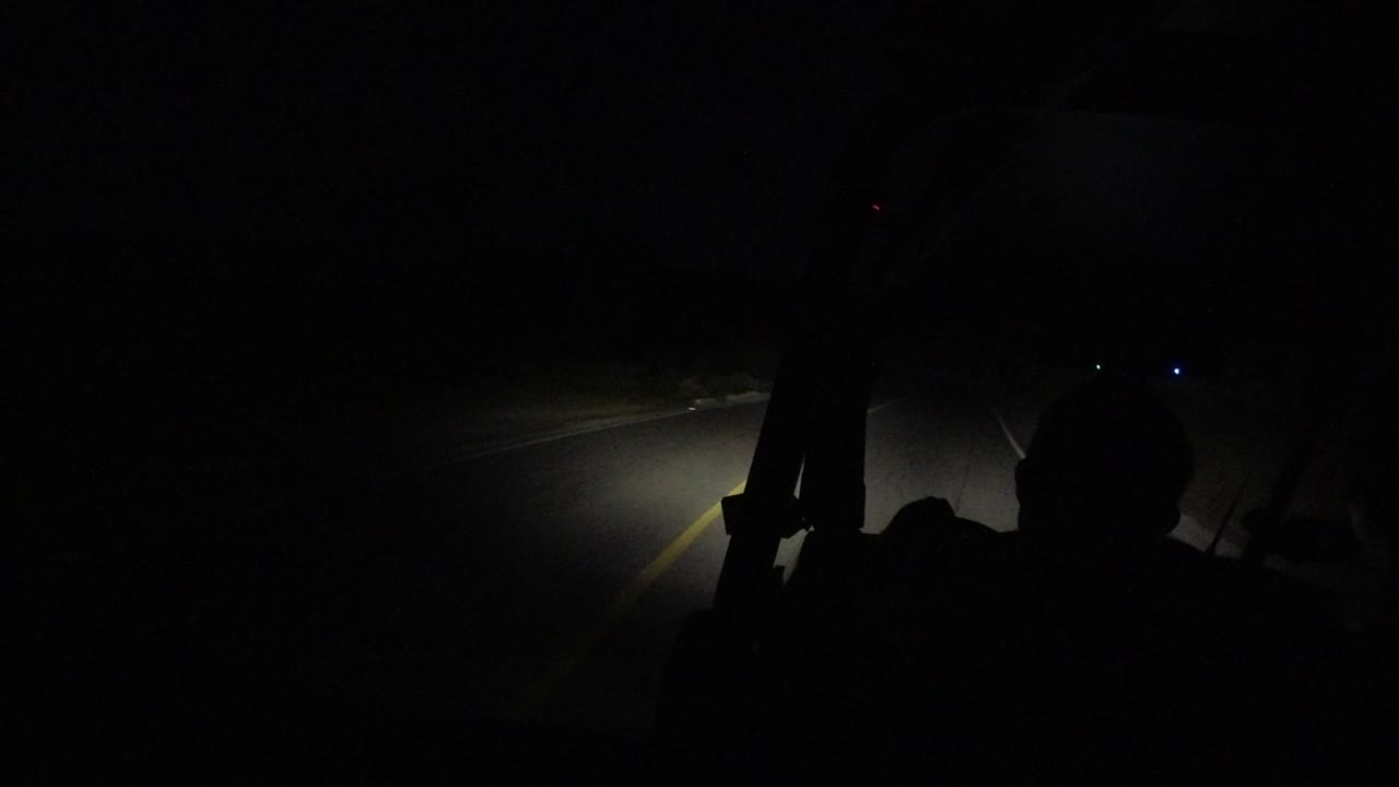 Bus interior silhouette facing a dark curving road.