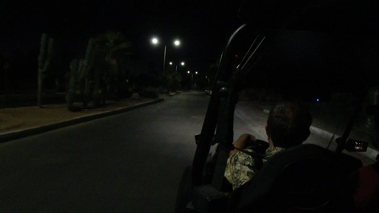 Night road seen from inside a vehicle with streetlights ahead.