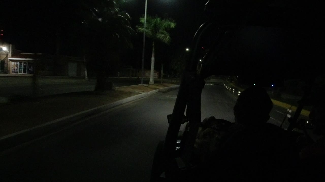 Forward view from a Wrangler at night in Los Cabos, Mexico, with roll bars in the foreground, a dark seated silhouette, streetlights, a curb, and palm trees ahead.