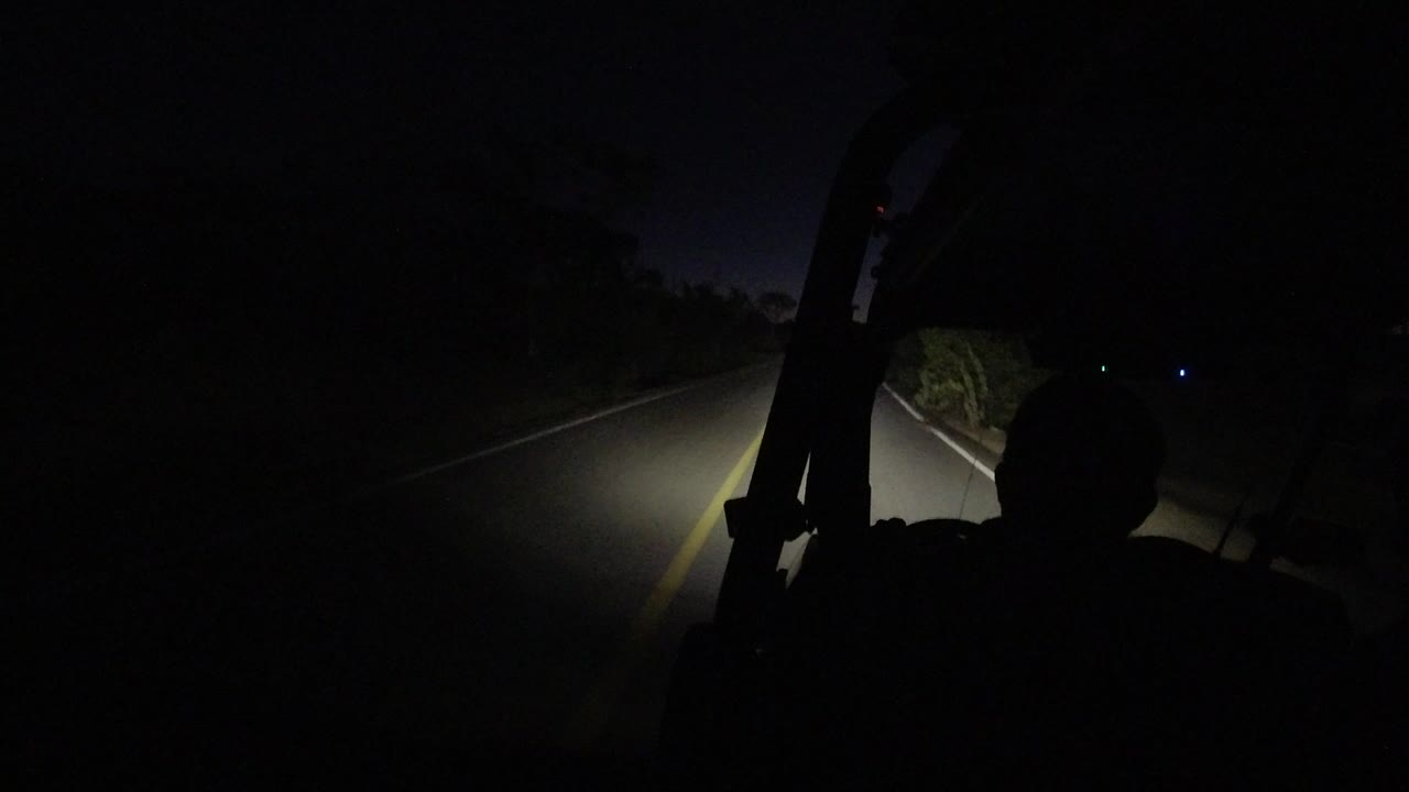 At the start of the Los Cabos night drive, headlights illuminate the lane and roadside brush while a dark occupant silhouette sits in the foreground with no recognizable face.