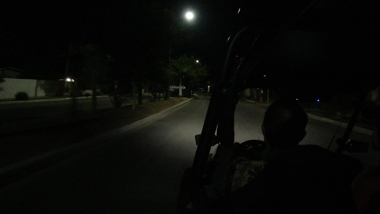 The spotlight reaches farther down the Los Cabos street while palm trees and a low roadside building sit in darkness, with a backlit occupant silhouette in the foreground.