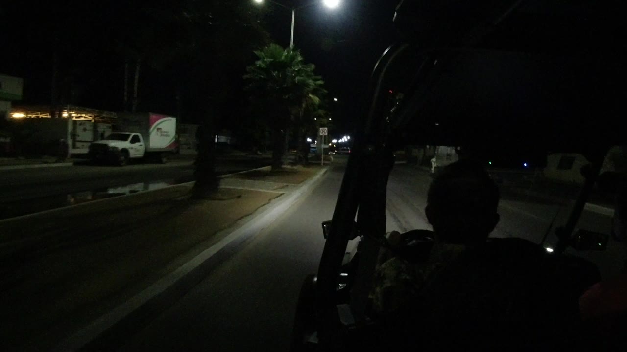 Nighttime Los Cabos roadway seen from a vehicle interior, with dark roll bars in the foreground, streetlights overhead, parked vehicles along the side, and a silhouetted occupant visible from behind.