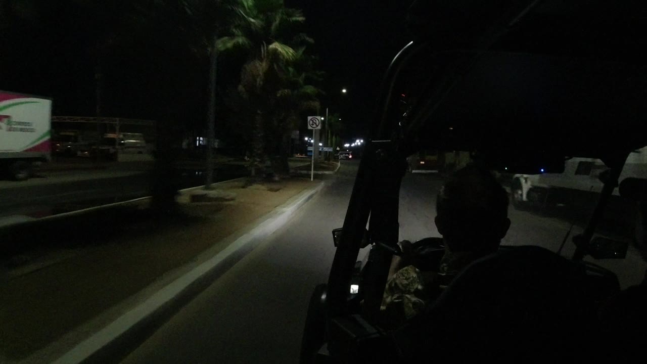 A box truck passes along the left side of a nighttime Los Cabos road while the vehicle interior silhouette, lane edge, palm planting, and distant traffic lights remain visible.