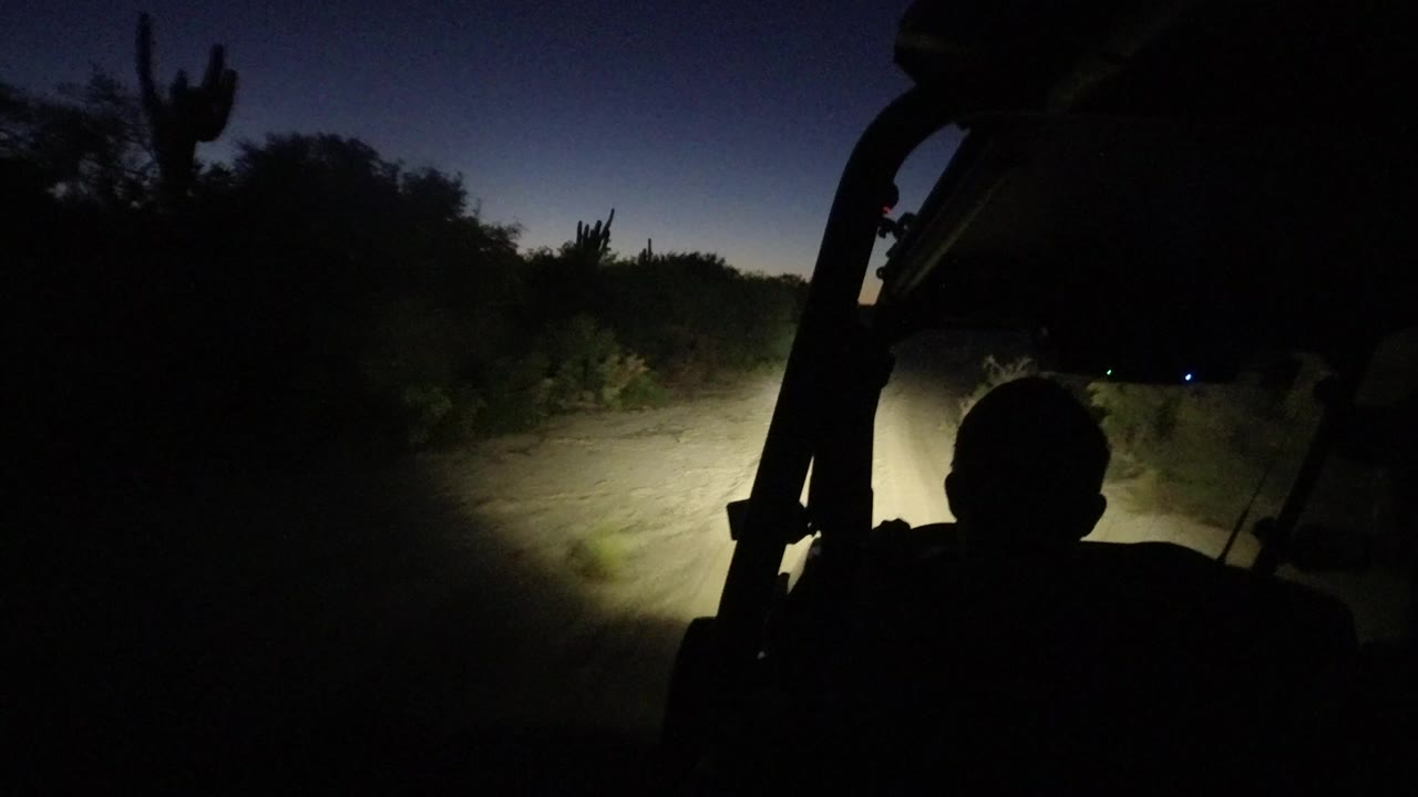 Inside an open vehicle in Los Cabos, Mexico, a silhouetted occupant faces a sandy trail lit by headlights, with cactus shapes and a fading blue horizon beyond.