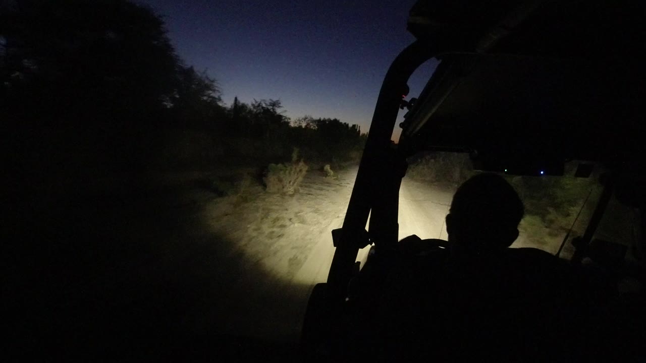 Driver silhouette inside a vehicle on a dark dirt road