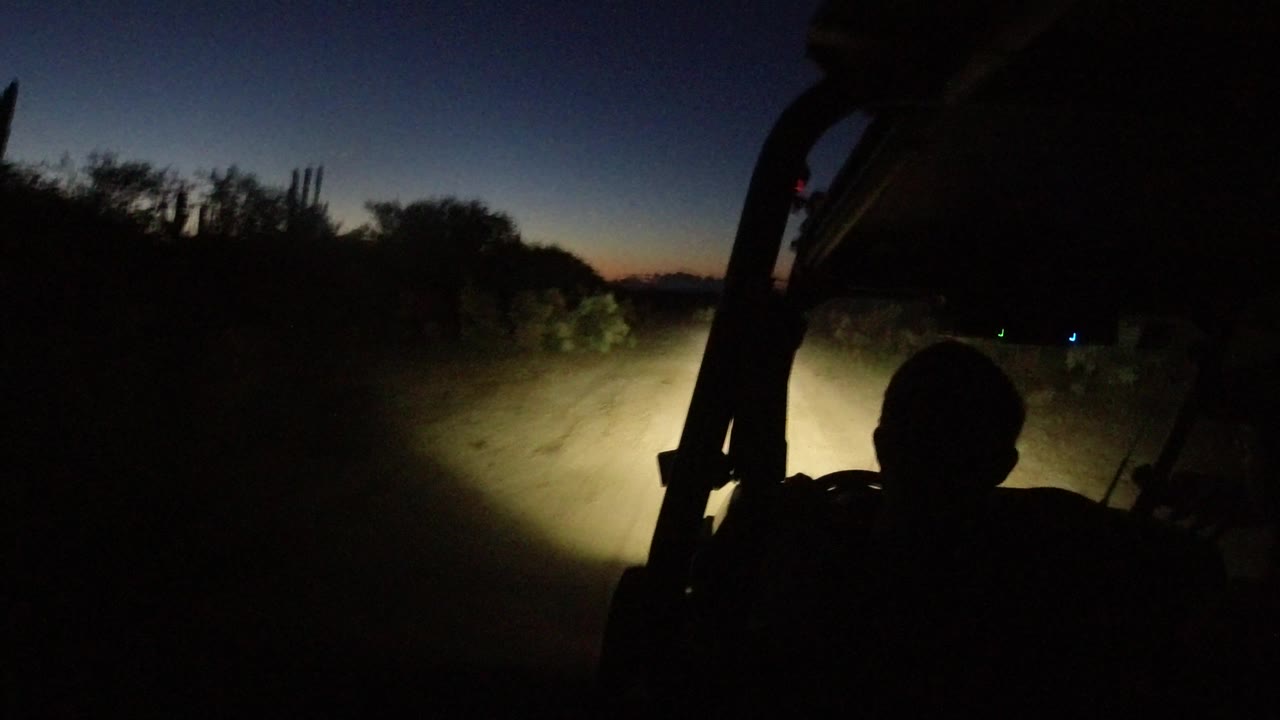 At 0:02, the vehicle frame and foreground silhouette sit against a darker stretch of roadside as headlights pick out brush and cactus-like shapes near the horizon.