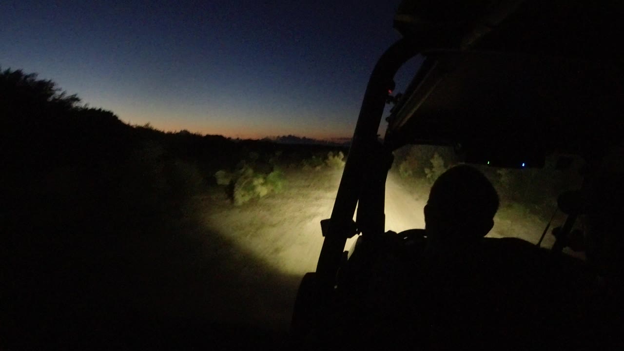 The buggy viewpoint shows the driver in silhouette while the headlights brighten a dusty patch of road and brush in Los Cabos, Mexico.