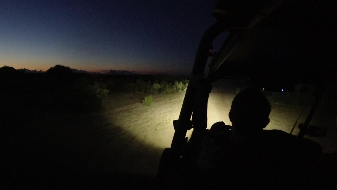 A dark dune buggy interior and rider silhouette frame a dim dirt track in Los Cabos, with headlights aimed toward scrub and a thin dawn glow near the horizon.