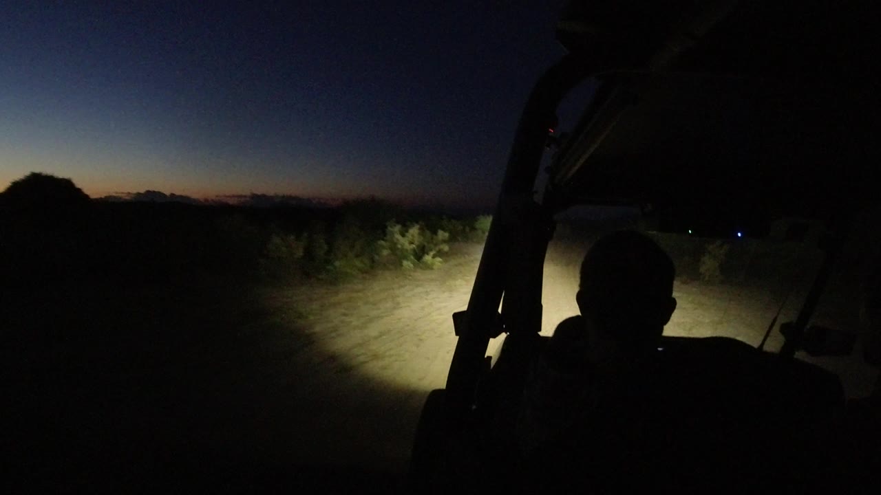 Desert road lit by headlights from inside a dune buggy.