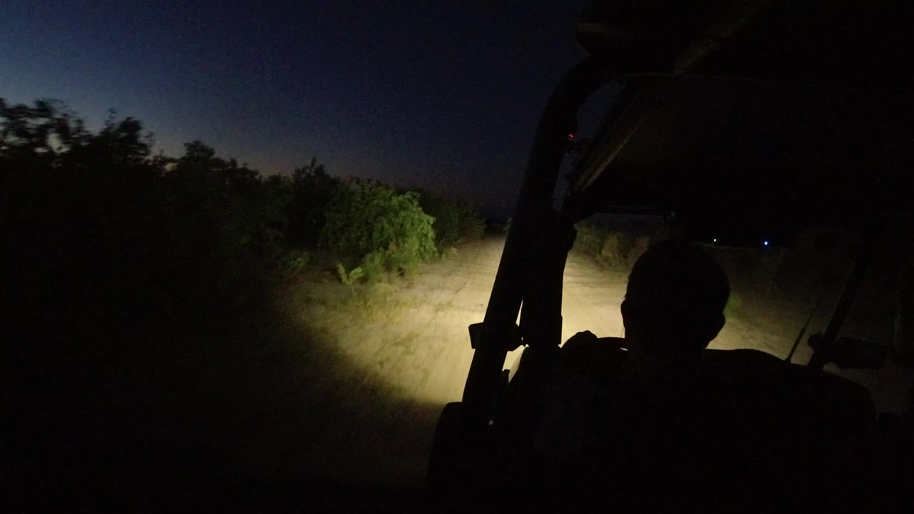 Start of a Los Cabos night drive, seen from inside an off-road vehicle as headlights reveal a dirt road and roadside brush with no visible faces.