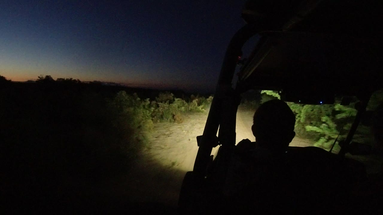 Buggy driver silhouette on a dark dirt road with headlights ahead.