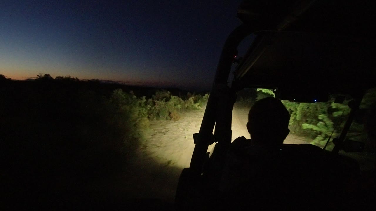 A buggy interior frames the view as headlights sweep across a pale dirt track and green brush under a deep blue night sky in Los Cabos, Mexico.