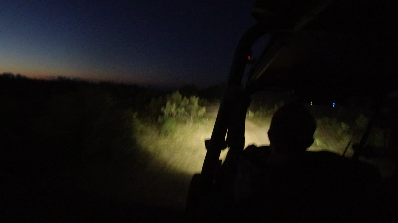 Open vehicle at night with headlights on a dirt road