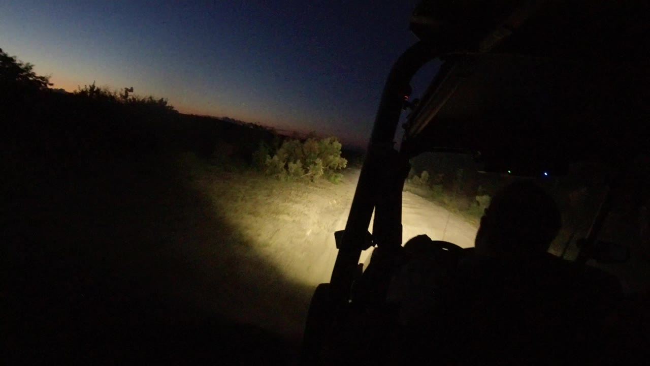 Headlights illuminate a dirt track and desert brush at night from inside a vehicle.