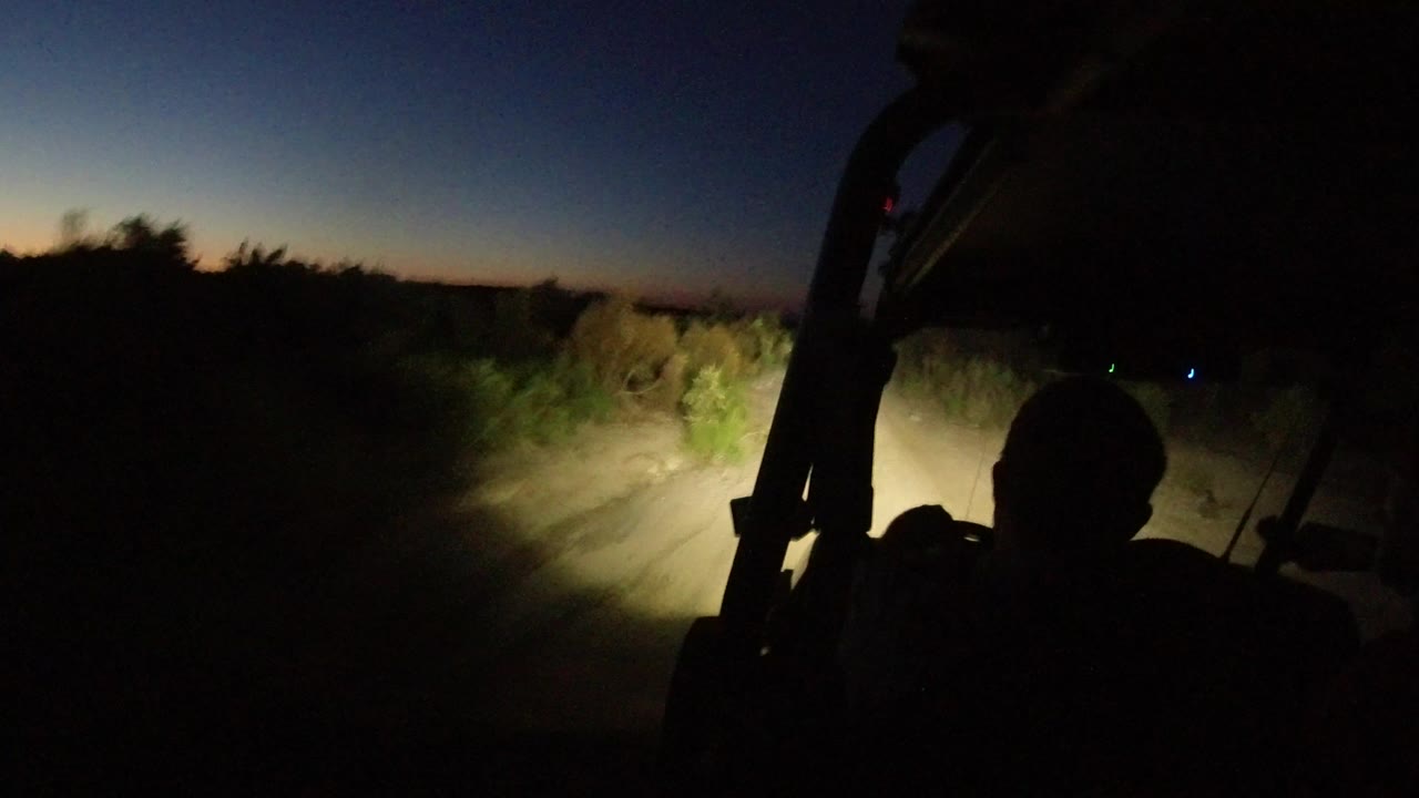At the start of the Los Cabos night-driving clip, headlights light a dusty path and roadside shrubs under a dark blue sky, with no recognizable people visible.