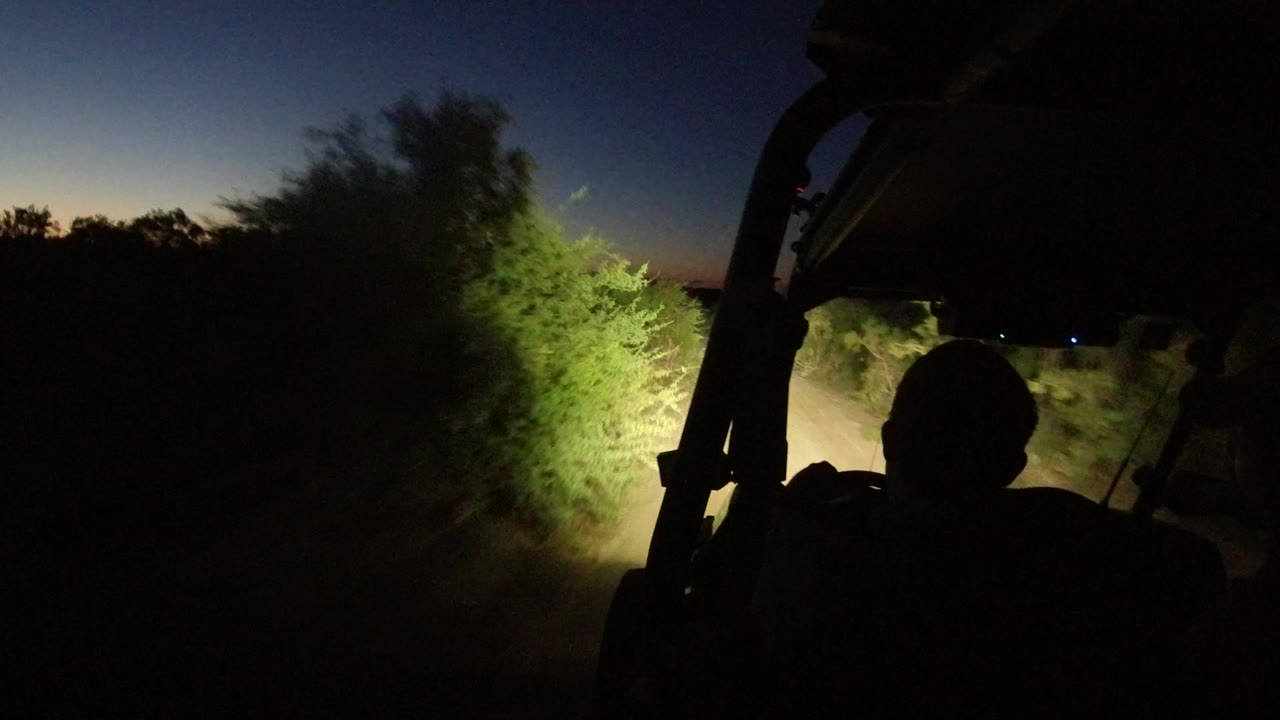 Dark vehicle interior facing a headlight-lit dirt road at dawn.