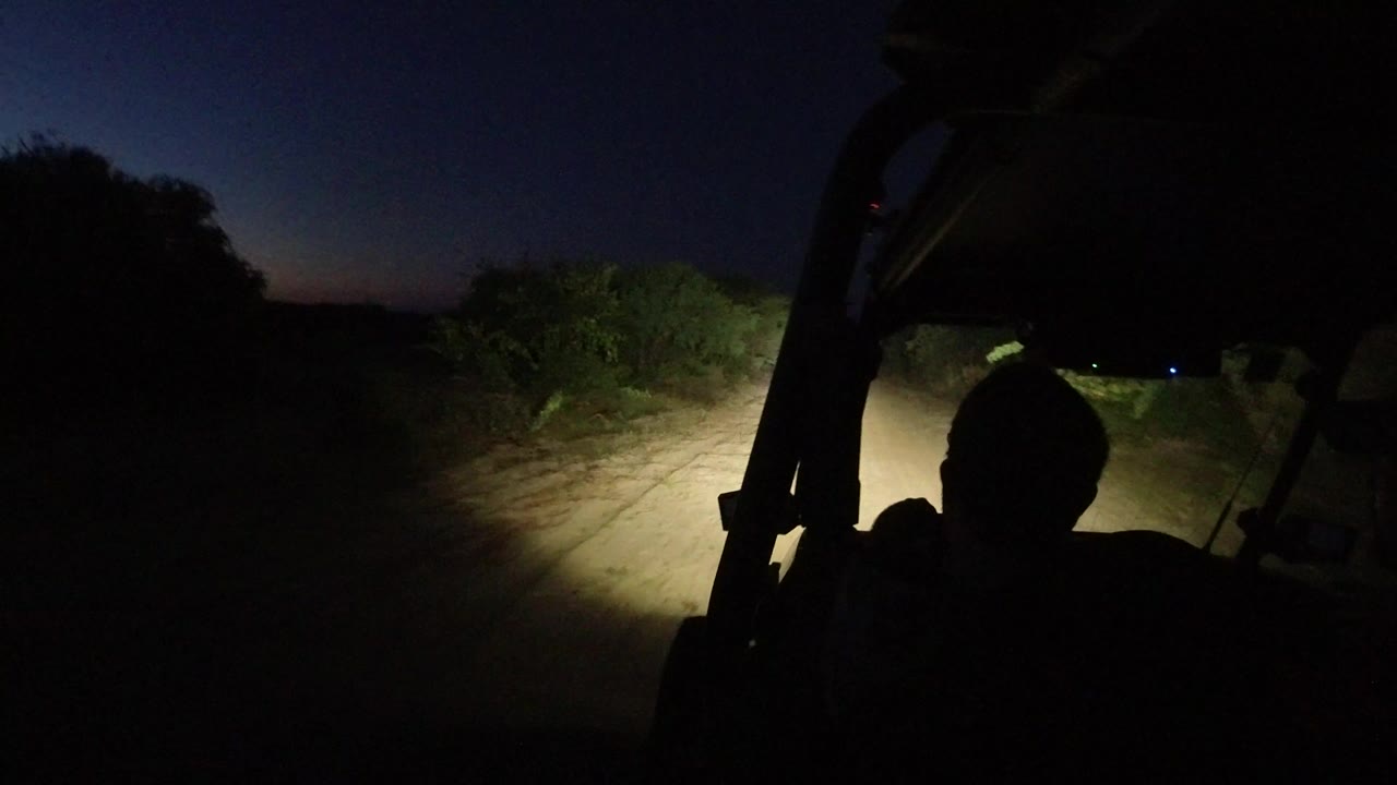 Dark off-road vehicle view of a headlight-lit dirt road.