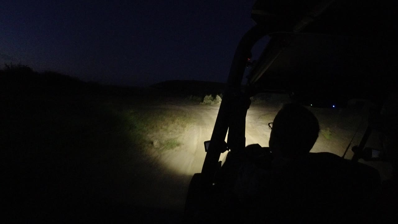 A narrow Los Cabos dirt road bends through darkness while the headlight beam catches pale ground, brush, and a seated person silhouetted beneath the vehicle frame.