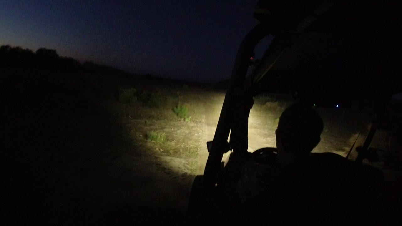 From inside a jeep in Los Cabos, Mexico, a dark seated silhouette and roll bar frame headlights shining onto sandy desert ground and low brush at night.