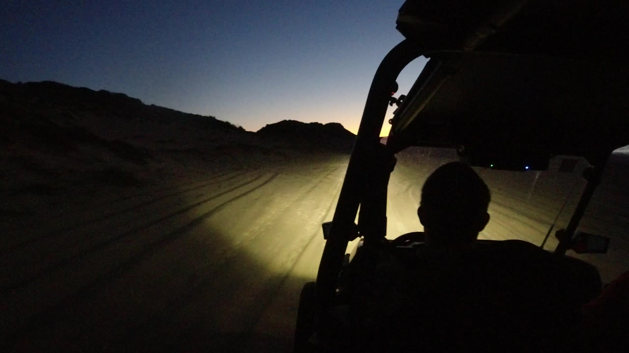 Vehicle interior silhouette frames a headlight-lit desert road at night.