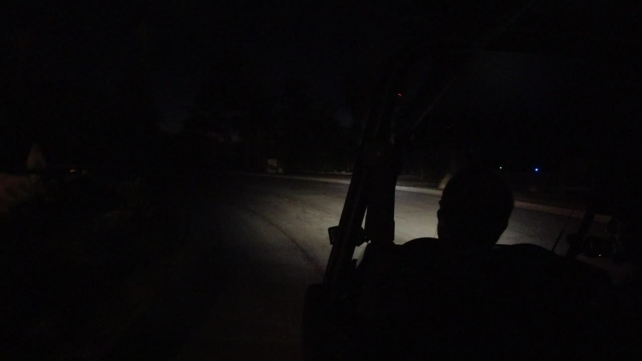 Dark vehicle interior with a silhouetted passenger and headlight-lit road ahead.