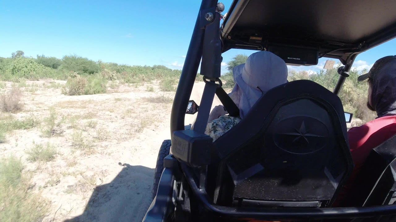 Inside-vehicle view in Los Cabos, Mexico, showing the black rear seat centered against pale dirt, scrubby vegetation, bright sky, and two passengers partially visible from behind.