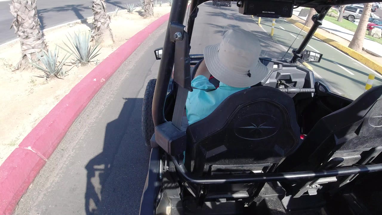 Hat-wearing driver seen from behind in an open vehicle on a narrow road.