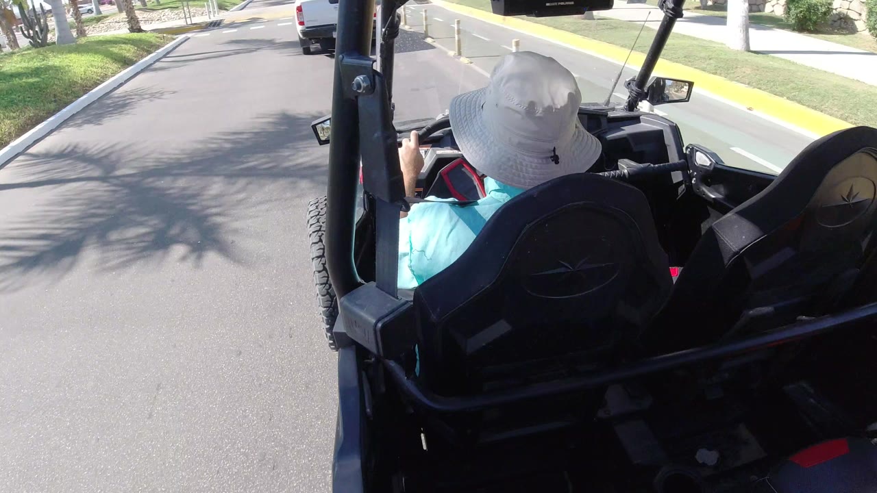 In Los Cabos, Mexico, a person in a white sun hat and turquoise shirt sits ahead of the camera in a black open buggy or cart as it moves along a paved road with palms and curbside grass.