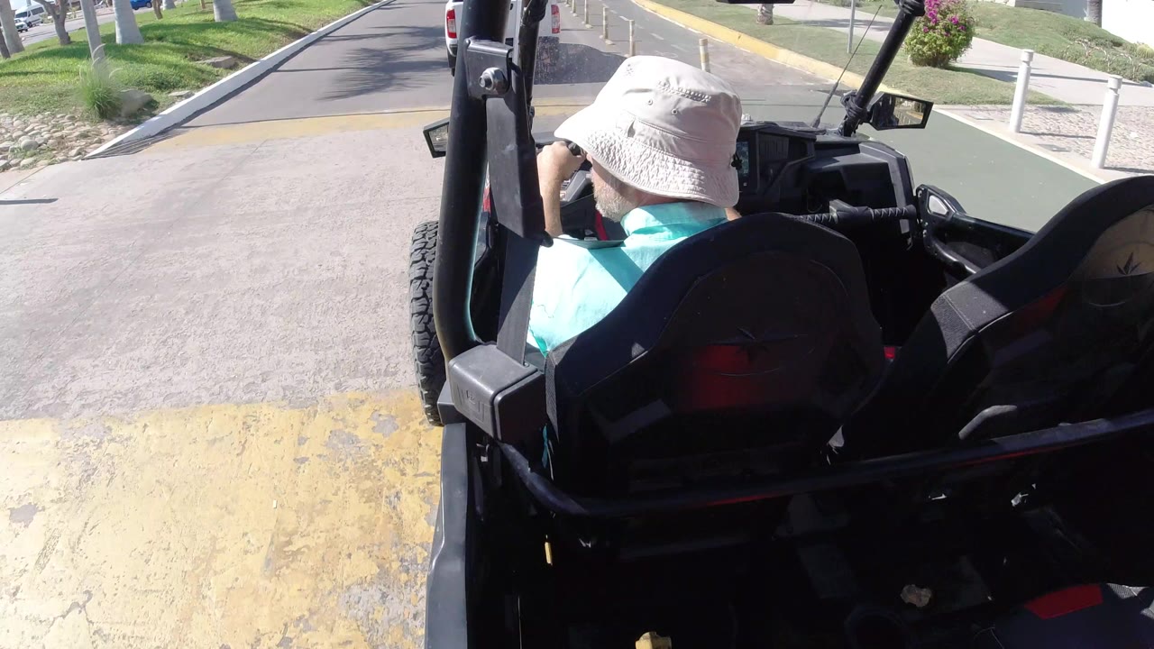 Open vehicle seen from behind on a sunny paved street.