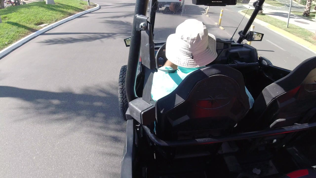 The passenger remains centered from behind in the open vehicle, with the Los Cabos road curving past grass and curb edges under hard sunlight.