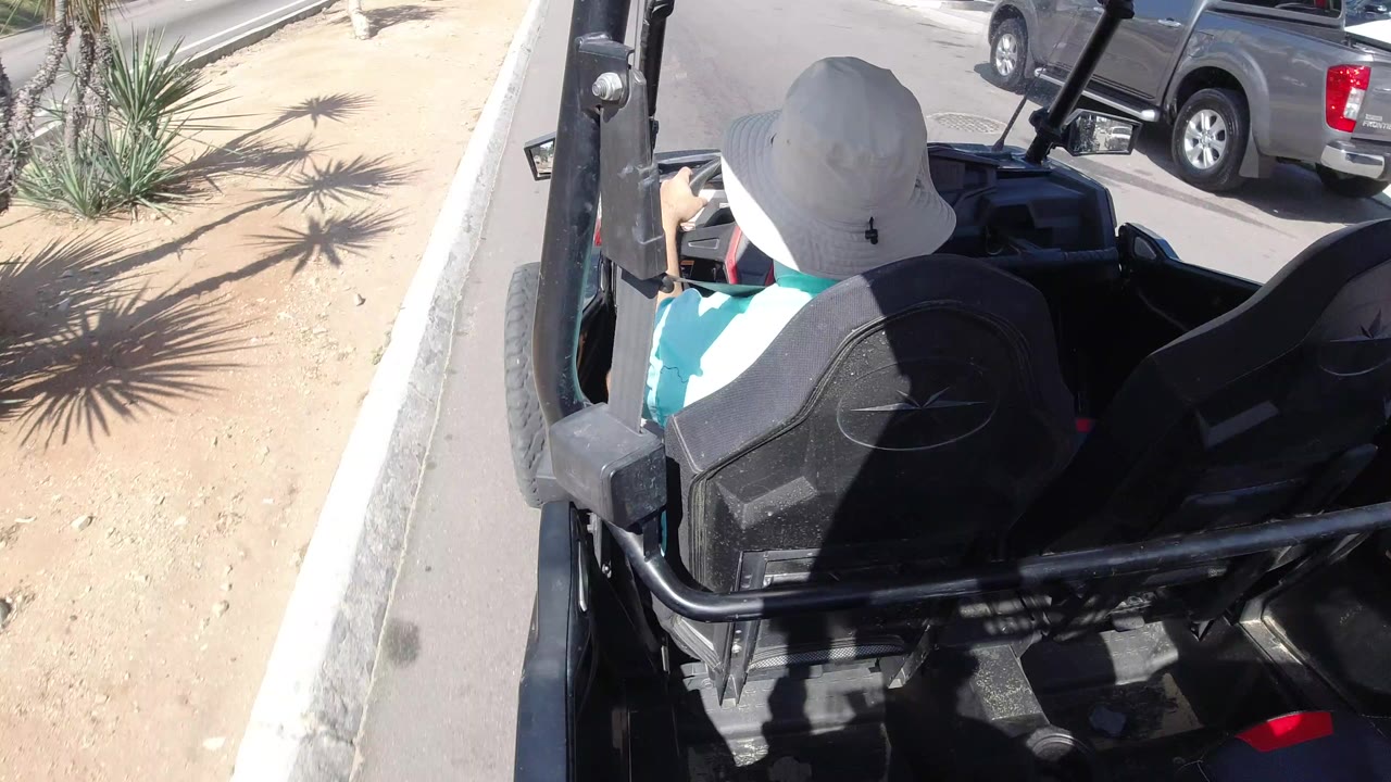 Man in a hat driving an open buggy beside sandy roadside landscaping.