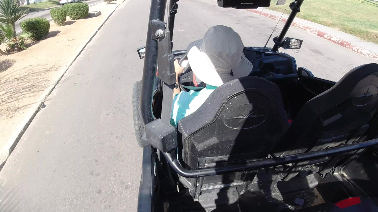 Rear passenger view of a golf cart on a sunny road.