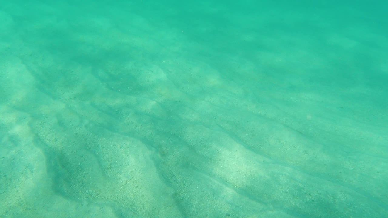 Clear blue-green seawater fills the frame in Los Cabos, Mexico, with the sandy bottom visible through a slightly smoother surface and no visible people.