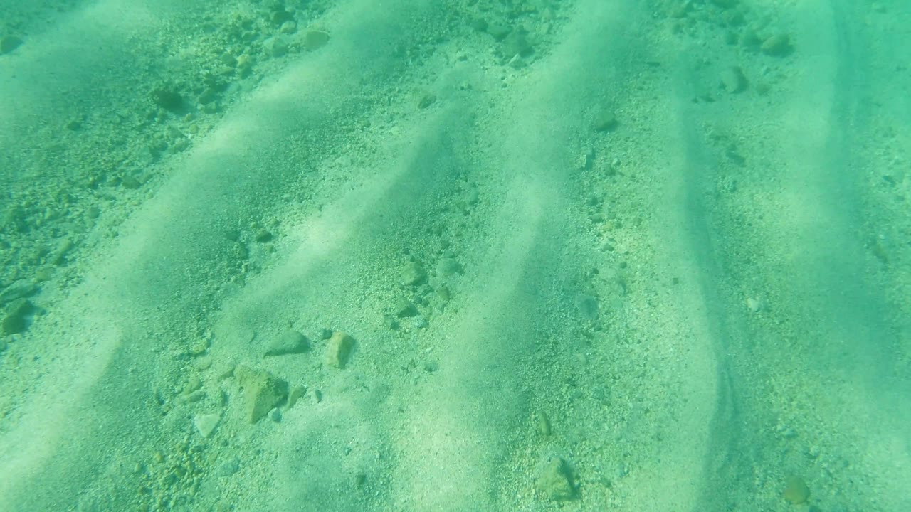 Shallow water with sand ripples and a small cluster of stones.